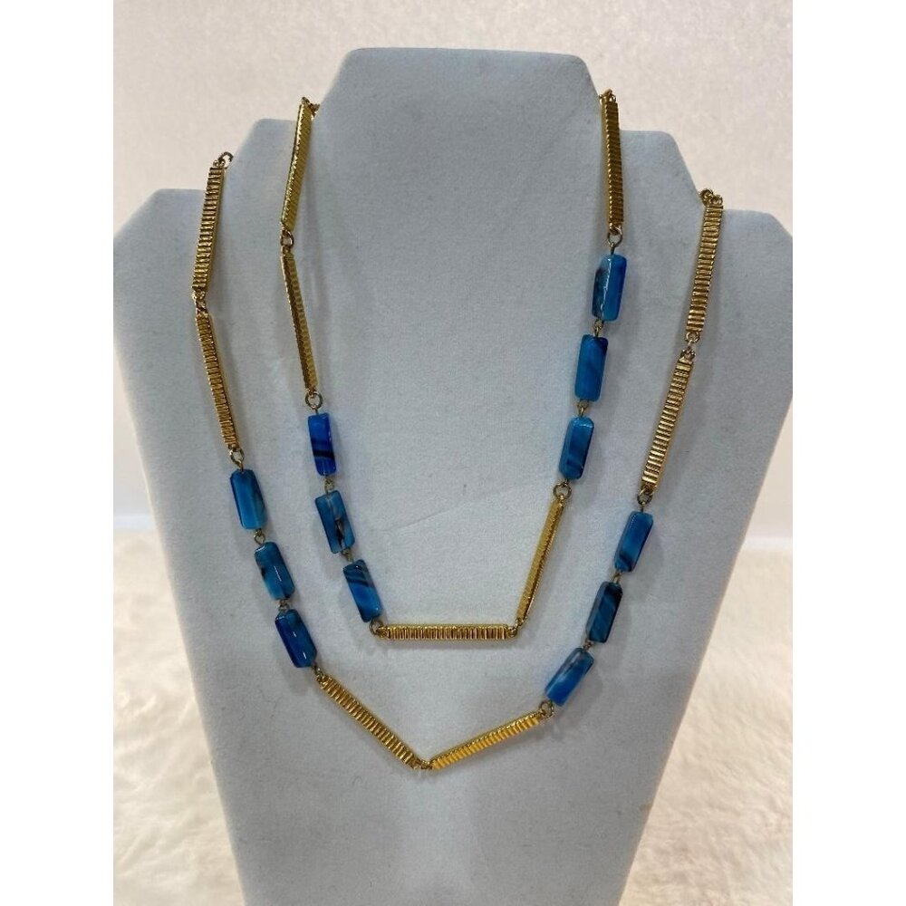 PIERRE CARDIN Necklace Gold Tone with LOGO & Blue Agate Stones ~ Vintage